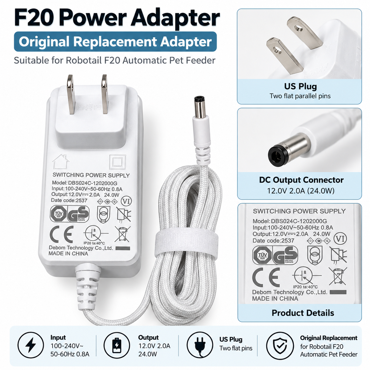 Robotail F20 replacement power adapter US plug